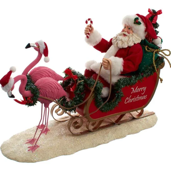 Kurt Adler 10-Inch Fabriche Flamingos Pulling Santa Sleigh