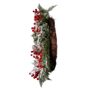 Kurt Adler 20-Inch Unlit Flocked Rattan Wreath With Red Berries