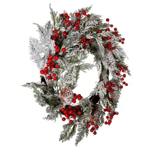 Kurt Adler 20-Inch Unlit Flocked Rattan Wreath With Red Berries