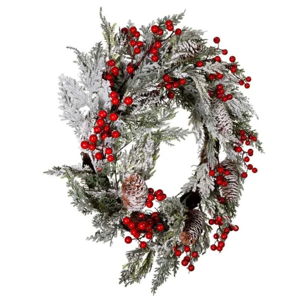 Kurt Adler 20-Inch Unlit Flocked Rattan Wreath With Red Berries