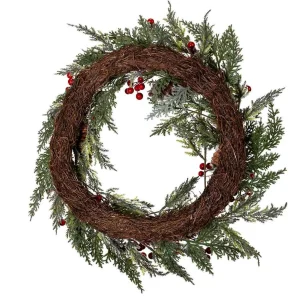 Kurt Adler 20-Inch Unlit Flocked Rattan Wreath With Red Berries