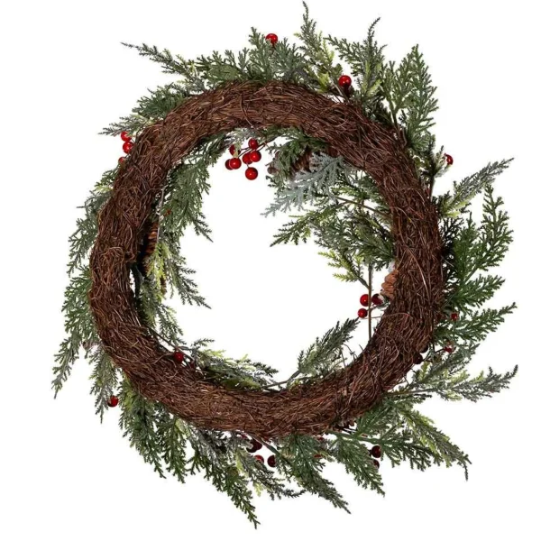 Kurt Adler 20-Inch Unlit Flocked Rattan Wreath With Red Berries