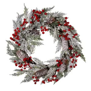 Kurt Adler 20-Inch Unlit Flocked Rattan Wreath With Red Berries
