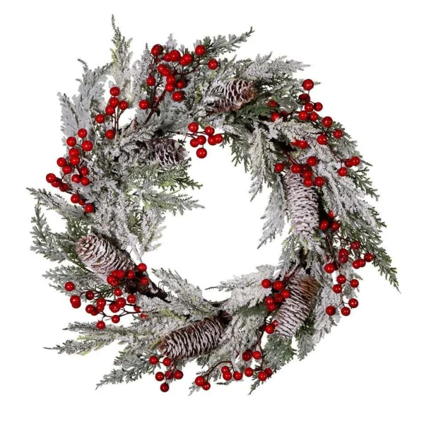 Kurt Adler 20-Inch Unlit Flocked Rattan Wreath With Red Berries