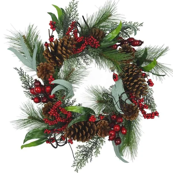 Kurt Adler 20-Inch Wreath With Red Berries, Leaves And Pinecones