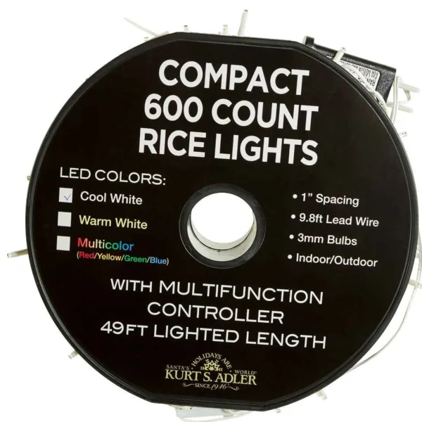 Kurt Adler 600-Light 49.2-Foot Cool White Led White Wire Rice Light Set