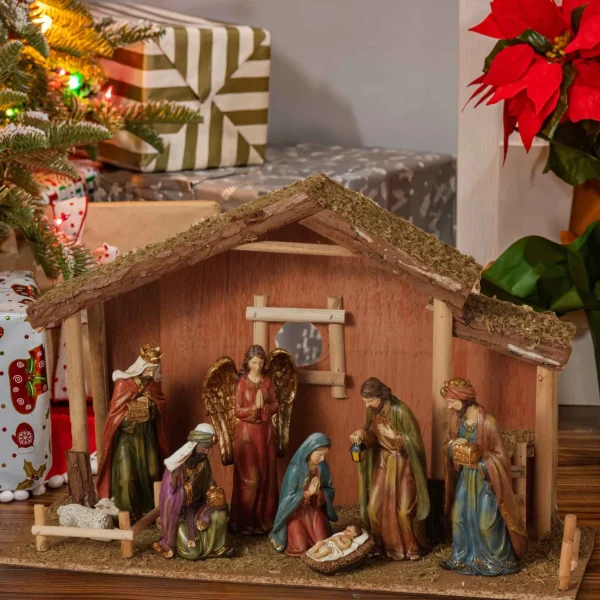 Gerson International 9 Piece Traditional Religious Nativity Scene With Moss Stable