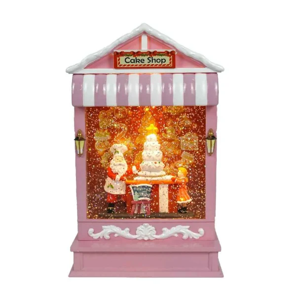 Arys Imports Pink Candy Shop With Led Warm White Light Up Santa Scene Spinning Glitter Waterglobe