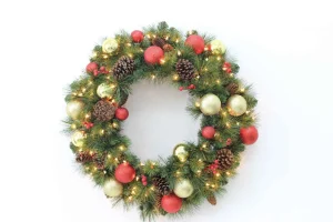 Puleo International 30In Pre-Lit Fairfield Flocked And Decorated B/O Wreath With Warm White Led Lights #114-Fgg1-30Wblw07