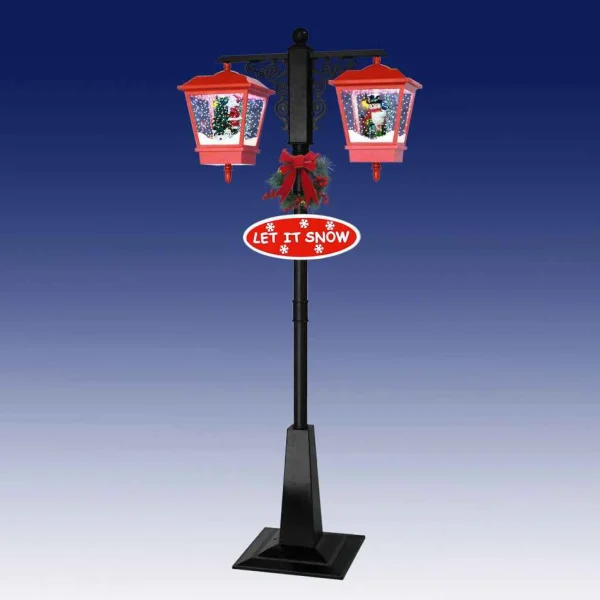 Arys Imports Red And Black Snowing Outdoor Double Street Lamp With Santa And Snowman