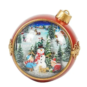 Arys Imports Red And Gold Ornament Ball With Led Warm White Light Up Musical Building A Snowman Scene Spinning Glitter Waterglobe