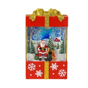 Arys Imports Red And Gold Square Gift Box With Led Warm White Light Up Santa And Dog Winter Scene Spinning Glitter Waterglobe