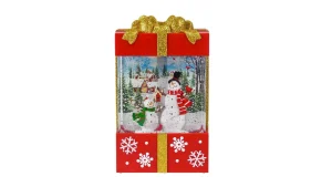 Arys Imports Red And Gold Square Gift Box With Led Warm White Light Up Snowman Family Scene Spinning Glitter Waterglobe