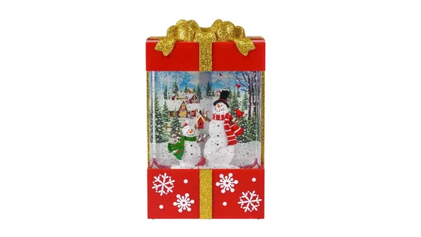Arys Imports Red And Gold Square Gift Box With Led Warm White Light Up Snowman Family Scene Spinning Glitter Waterglobe