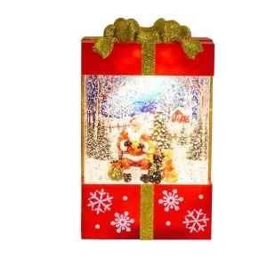 Arys Imports Red And Gold Square Gift Box With Led Warm White Light Up Santa And Dog Winter Scene Spinning Glitter Waterglobe