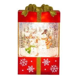 Arys Imports Red And Gold Square Gift Box With Led Warm White Light Up Snowman Family Scene Spinning Glitter Waterglobe