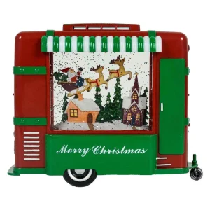 Arys Imports Red And Green Christmas Trailer With Led Warm White Light Up Santa Sleigh Scene Spinning Glitter Waterglobe