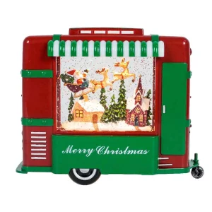 Arys Imports Red And Green Christmas Trailer With Led Warm White Light Up Santa Sleigh Scene Spinning Glitter Waterglobe