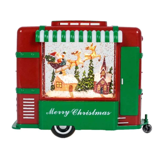 Arys Imports Red And Green Christmas Trailer With Led Warm White Light Up Santa Sleigh Scene Spinning Glitter Waterglobe