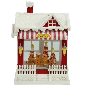 Arys Imports Red Snowy Bakery With Led Warm White Light Up Gingerbread Family Shop Spinning Glitter Waterglobe