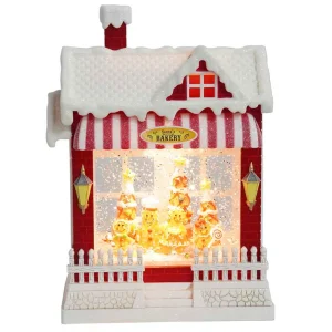Arys Imports Red Snowy Bakery With Led Warm White Light Up Gingerbread Family Shop Spinning Glitter Waterglobe