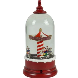Arys Imports Red Snowy Cloche With Led Light Up Carousel Scene Spinning Glitter Waterglobe