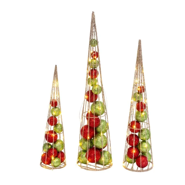 Gerson International S/3 Battery- Operated Lighted Red & Green Ornament Filled Cone Trees, Lg Is 24-In H, Med Is 20-In H, Sm Is 16-In H