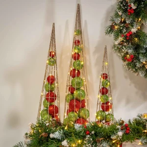 Gerson International S/3 Battery- Operated Lighted Red & Green Ornament Filled Cone Trees, Lg Is 24-In H, Med Is 20-In H, Sm Is 16-In H