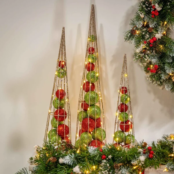 Gerson International S/3 Battery- Operated Lighted Red & Green Ornament Filled Cone Trees, Lg Is 24-In H, Med Is 20-In H, Sm Is 16-In H