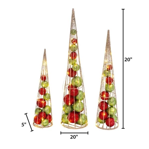 Gerson International S/3 Battery- Operated Lighted Red & Green Ornament Filled Cone Trees, Lg Is 24-In H, Med Is 20-In H, Sm Is 16-In H