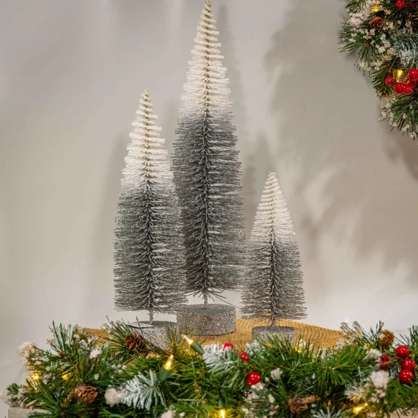Gerson International S/3 Grey To White Ombre Bottle Brush Trees, Lg Is 16-In H, Med Is 12-In H, Sm Is 8-In H