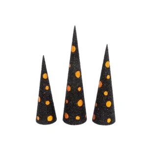 Gerson International Set Of 3 Assorted Black And Orange Glitter Halloween Cone Trees