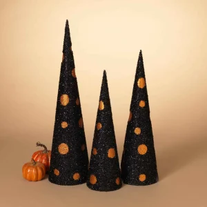 Gerson International Set Of 3 Assorted Black And Orange Glitter Halloween Cone Trees