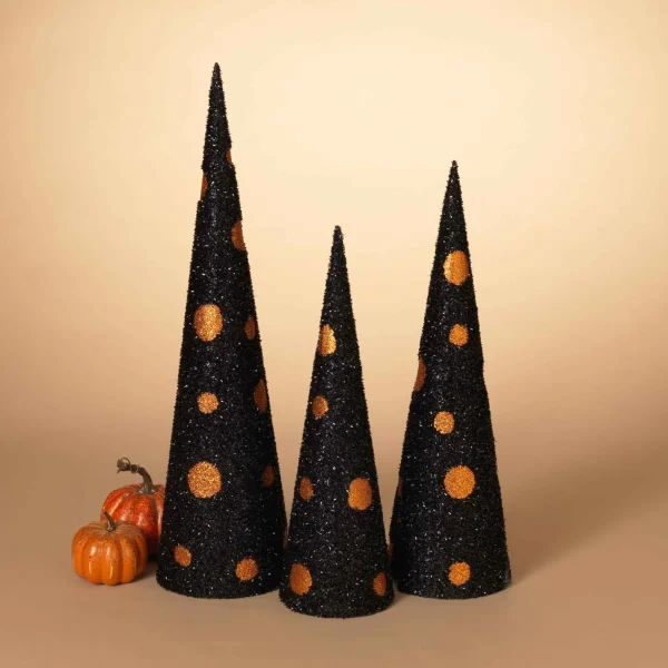 Gerson International Set Of 3 Assorted Black And Orange Glitter Halloween Cone Trees
