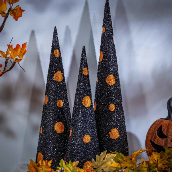 Gerson International Set Of 3 Assorted Black And Orange Glitter Halloween Cone Trees