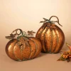 Gerson International Set Of 2 Assorted Metal Harvest Tabletop Pumpkins With Leaf Accents
