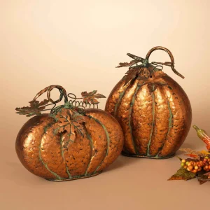 Gerson International Set Of 2 Assorted Metal Harvest Tabletop Pumpkins With Leaf Accents