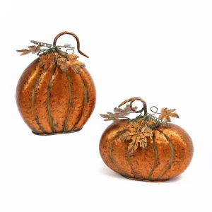 Gerson International Set Of 2 Assorted Metal Harvest Tabletop Pumpkins With Leaf Accents