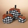 Gerson International Set Of 3 Assorted Sized Fabric Black And White Plaid Pumpkins Harvest Decor With Leaf Accent