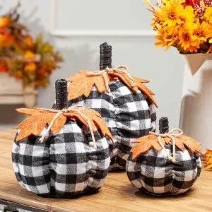Gerson International Set Of 3 Assorted Sized Fabric Black And White Plaid Pumpkins Harvest Decor With Leaf Accent