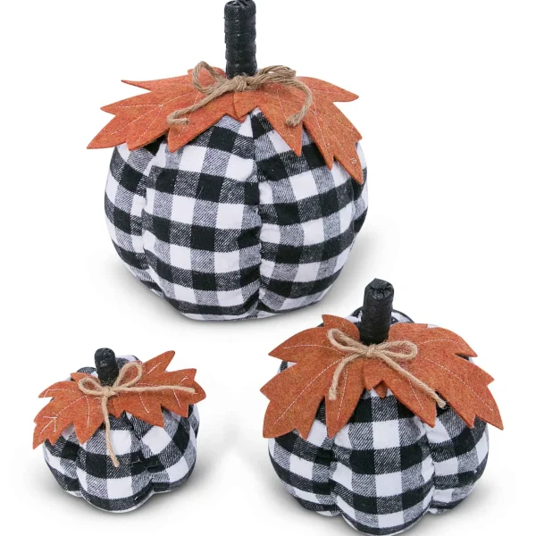 Gerson International Set Of 3 Assorted Sized Fabric Black And White Plaid Pumpkins Harvest Decor With Leaf Accent
