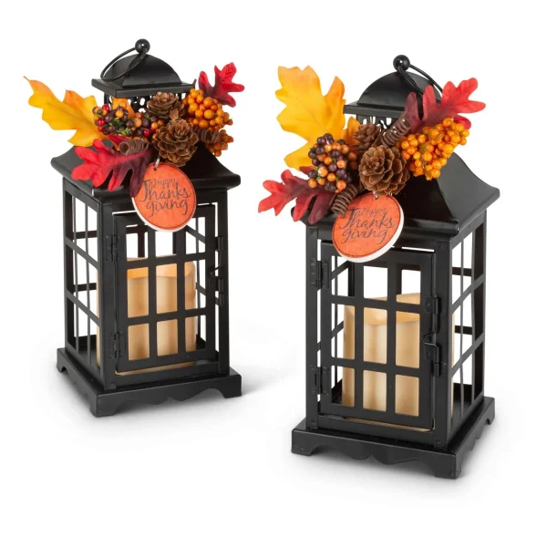 Gerson International Set Of 2 Autumn Lanterns With Fall Floral Accents, Led Candle
