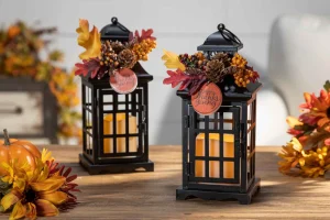 Gerson International Set Of 2 Autumn Lanterns With Fall Floral Accents, Led Candle