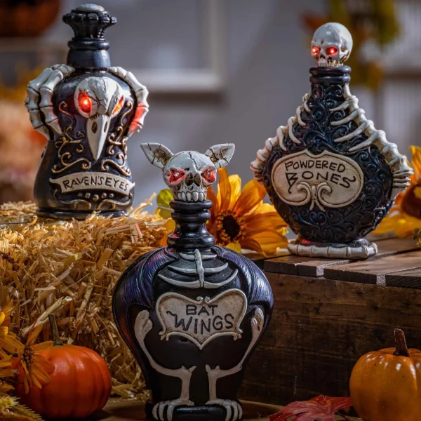 Gerson International Set Of 3 Battery Operated Lighted Resin Halloween Potion Bottles