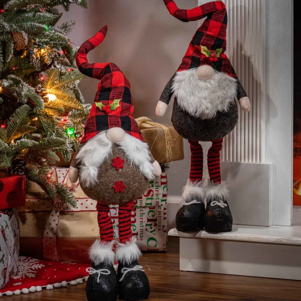 Gerson International Set Of 2 Christmas Holiday Gnome Figurines, Black Red Gingham
