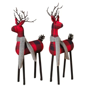 Gerson International Set Of 2 Christmas Holiday Deer Figurines, Red And Black Plaid