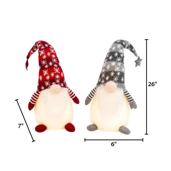 Gerson International Set Of 2 Christmas Lighted Gnome Figurines, Silver And Red