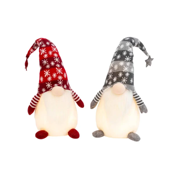 Gerson International Set Of 2 Christmas Lighted Gnome Figurines, Silver And Red
