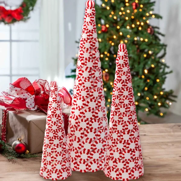 Gerson International Set Of 3 Clay Whimsical Traditional Peppermint Candy Trees
