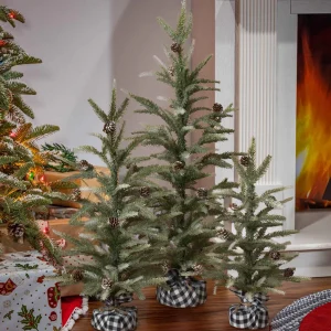 Gerson International Set Of 3 Farmhouse Christmas Trees With Black And White Plaid